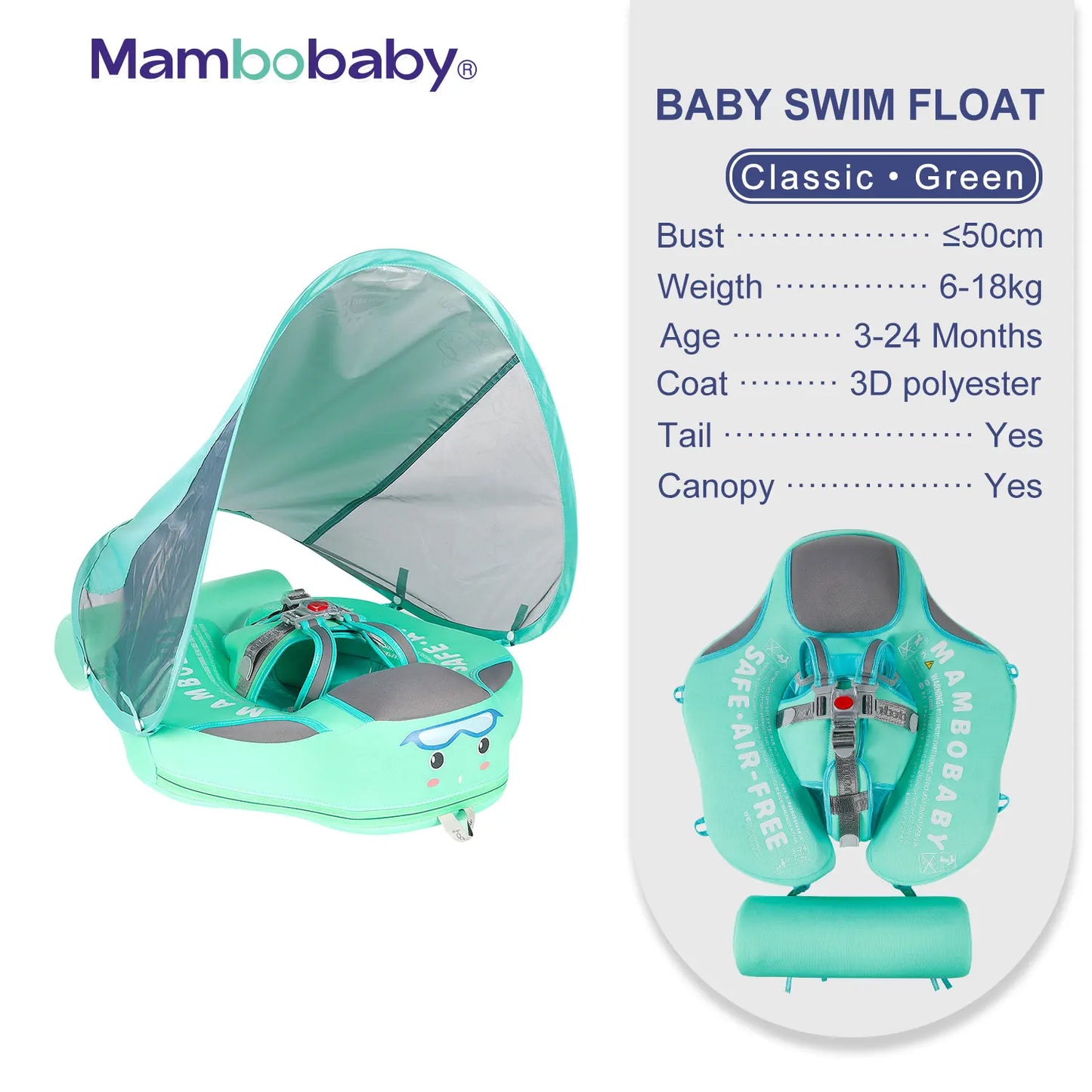 Baby Float with Sunshade Canopy and Crotch Strap Inflatable-free Safe Core Swimming Pool Accessory Bathroom Water Toy