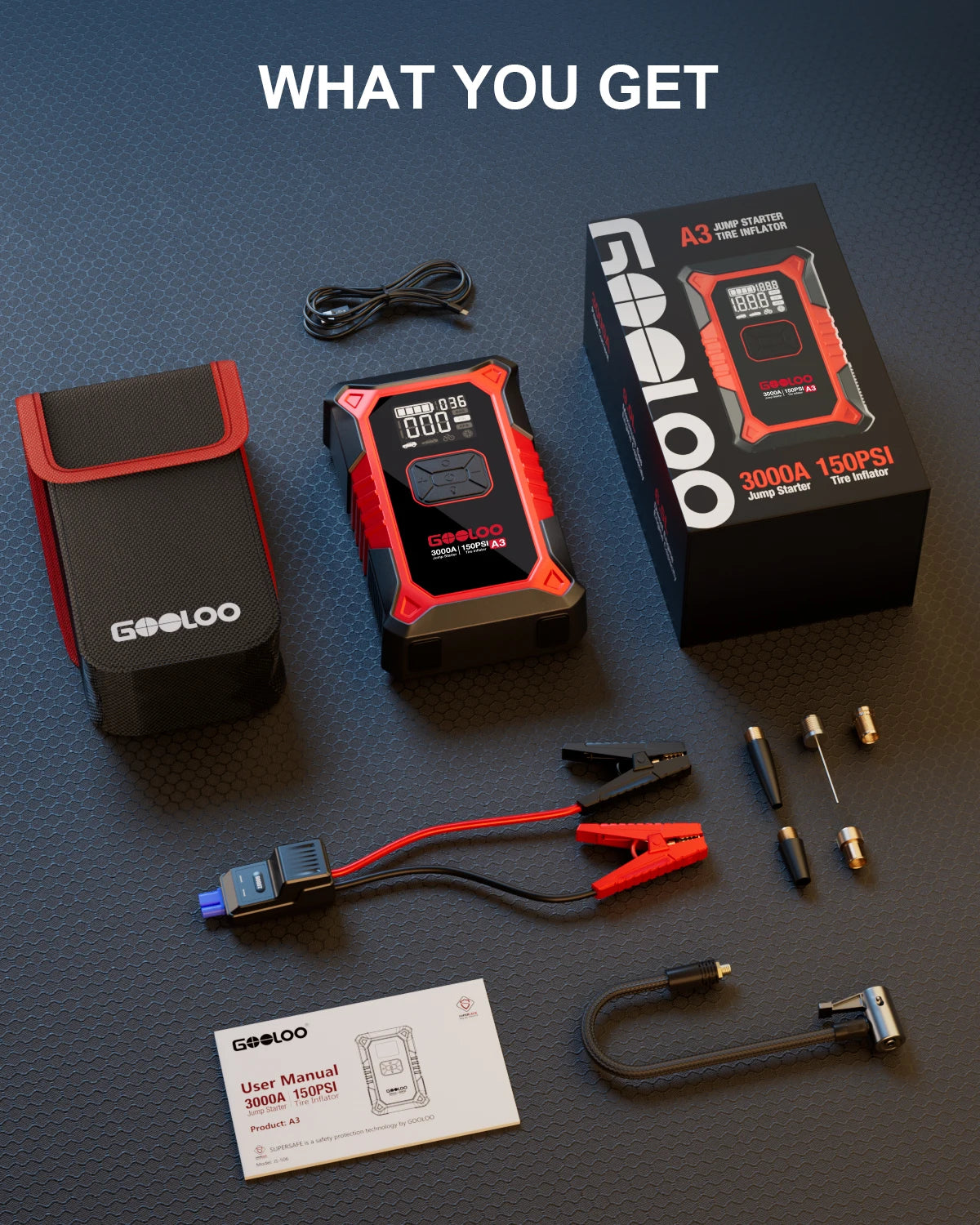 GOOLOO A3 3000A Jump Starter with 150 PSI Air Compressor