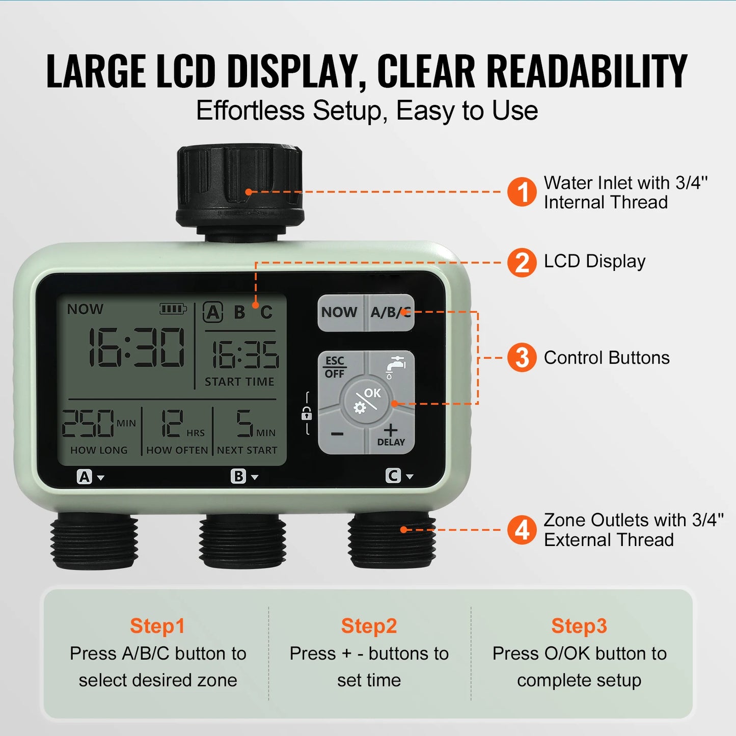 Water Timer 3 Outlets Hose 3 Independent Watering Zone LCD Display Rain Delay Mode Manual Mode