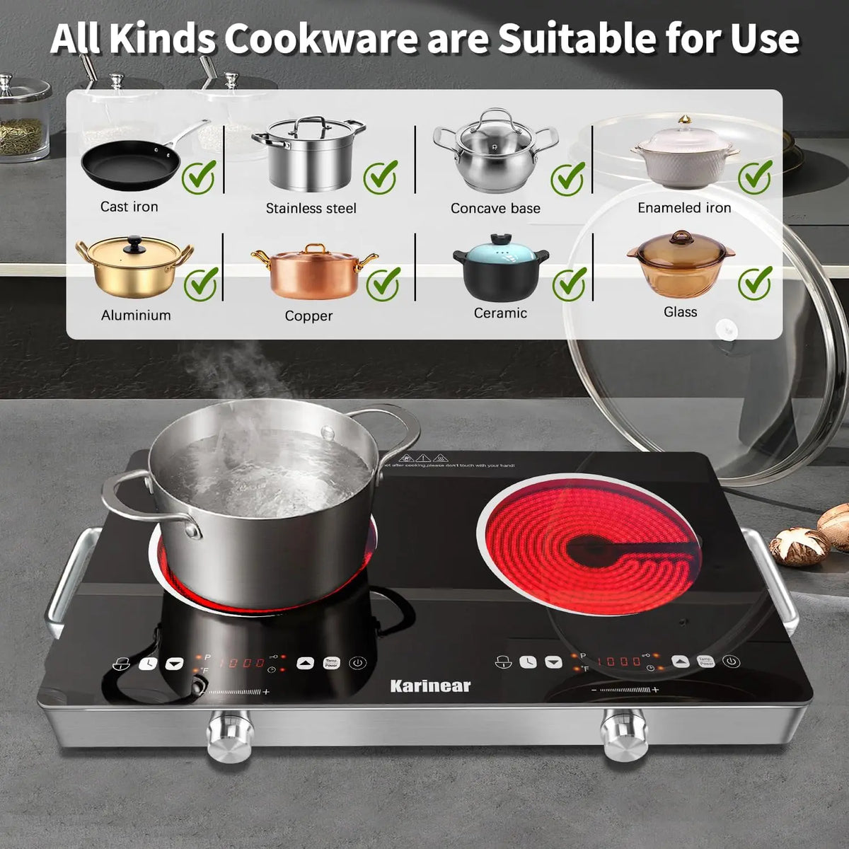 Karinear 2-Zone 3200W Electric Ceramic Cooktop – 220–240V Countertop Hob