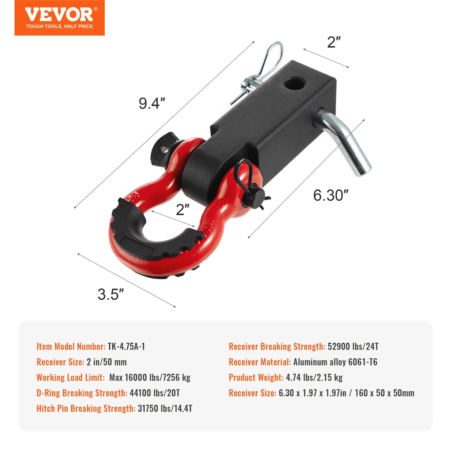 2in D-Ring Shackle Hitch Receiver with Trailer Hitch Lock Pin
