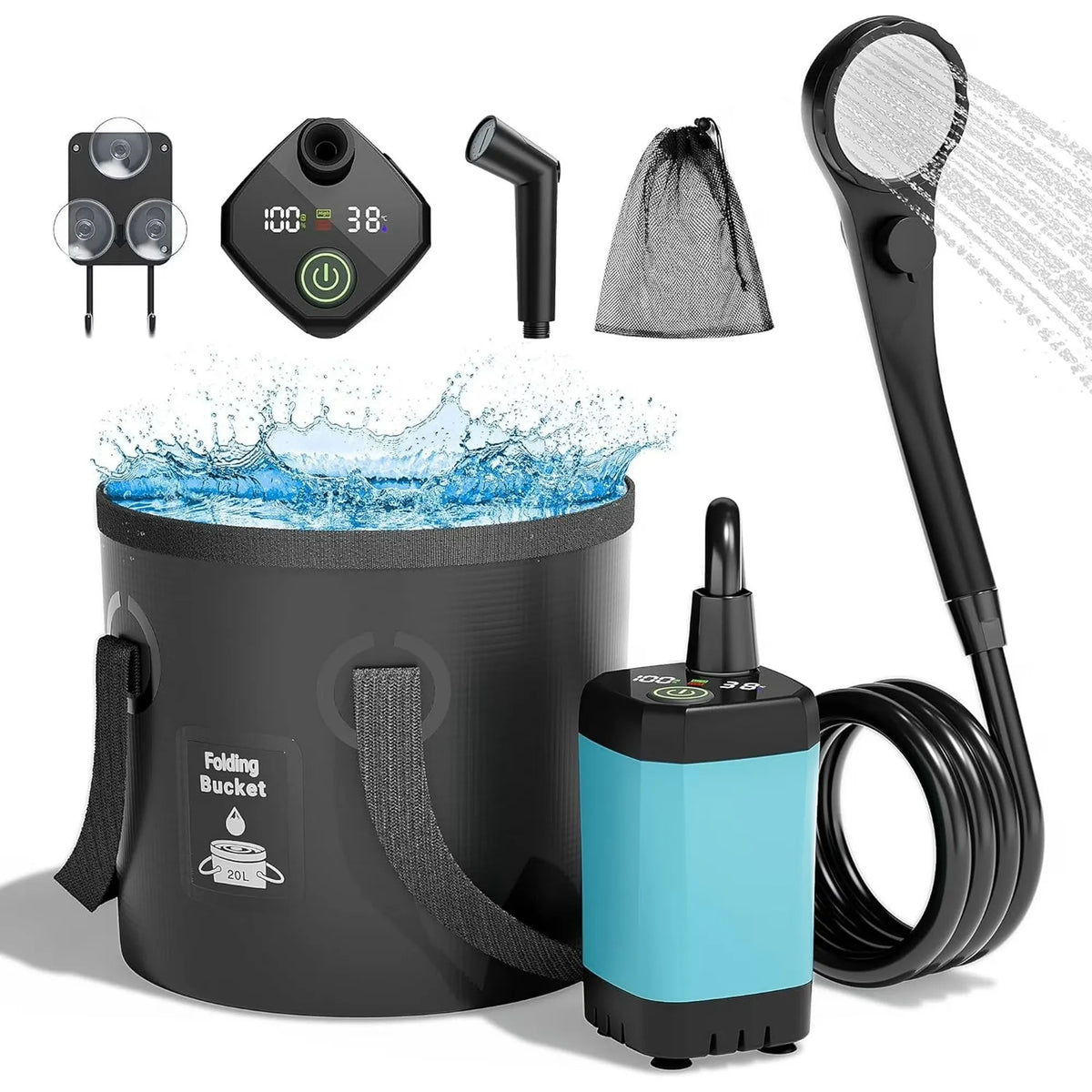 6000mAh Rechargeable Portable Camping Shower with 5-Gallon Bucket