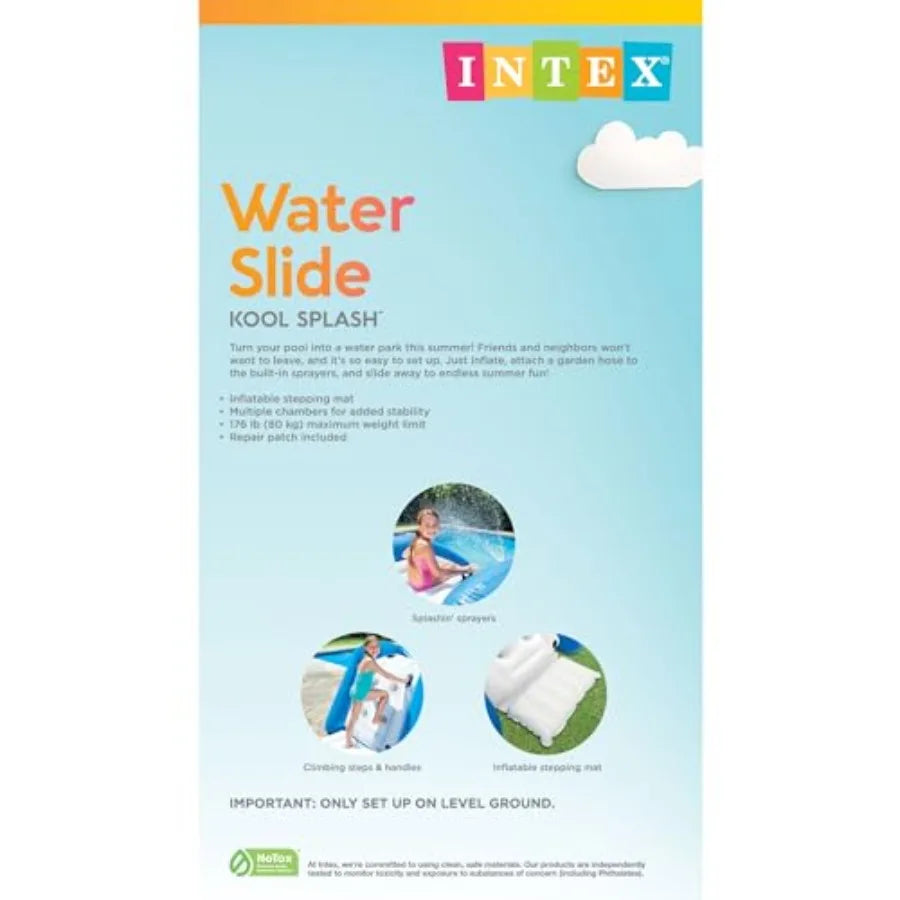 Inflatable water slide pool play center for outdoor use, PVC material, blue color, built-in sprayers for kids and adults aged 6