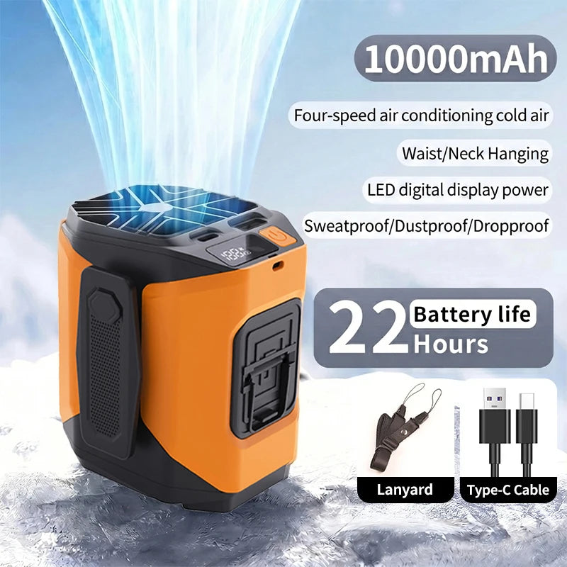 10000mAh Portable Neck Fan Cooling Rechargeable Hands-free Waist Clip Fan with Flashlight