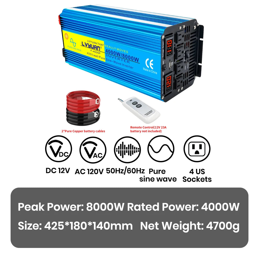 4000W 8000W DC To AC Portable Power Inverter Voltage Converter With Remote Control