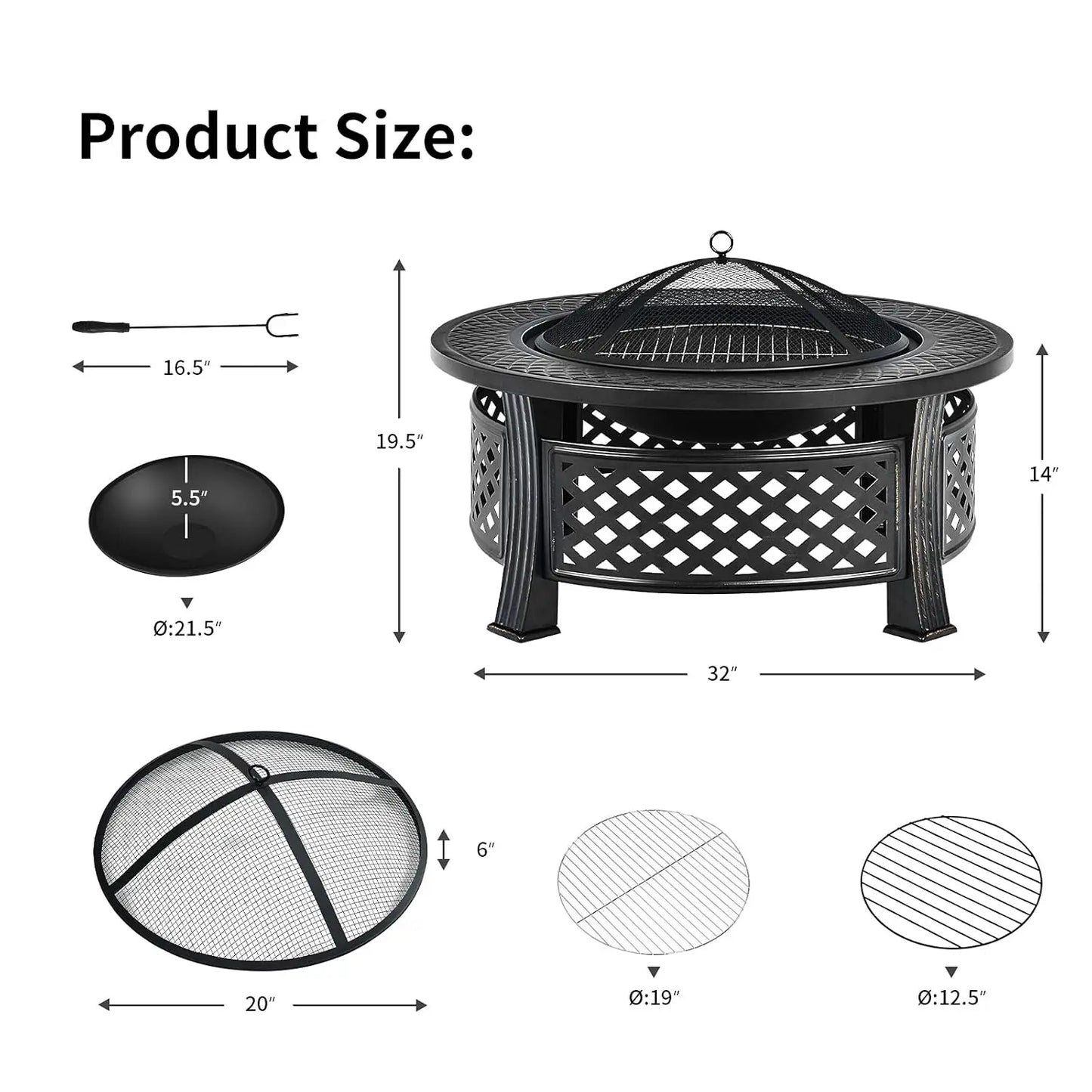 32" 3-in-1 Metal Fire Pit Outdoor Wood Burning Fire Bowl with Cover for Outside Heating Bonfire Picnic Grill, Custom