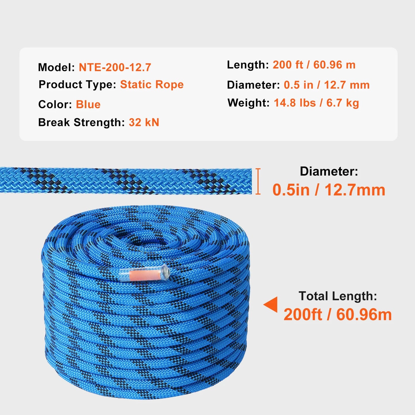 12.7mm Static Rock Climbing Rope 125-200ft Tension Fiber Rope w/ Steel Snap Hook