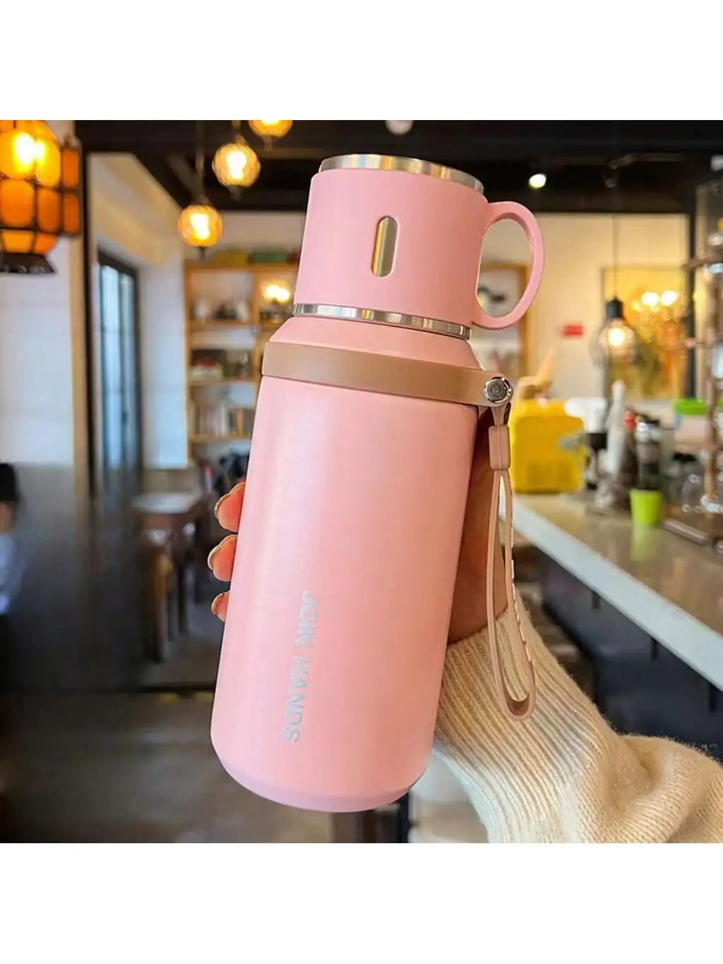Stainless Steel Vacuum Insulated, Portable Thermal Water Bottle With Cup Lid & Carry Strap