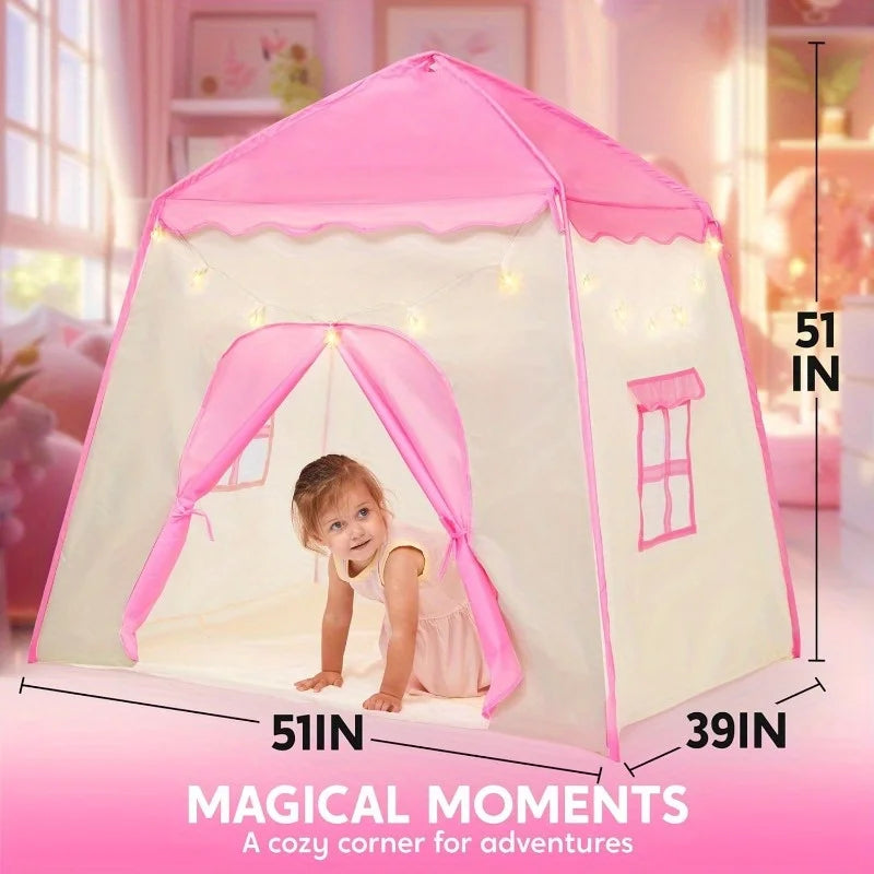 Pink Princess Castle Play Tent with LED Star Lights