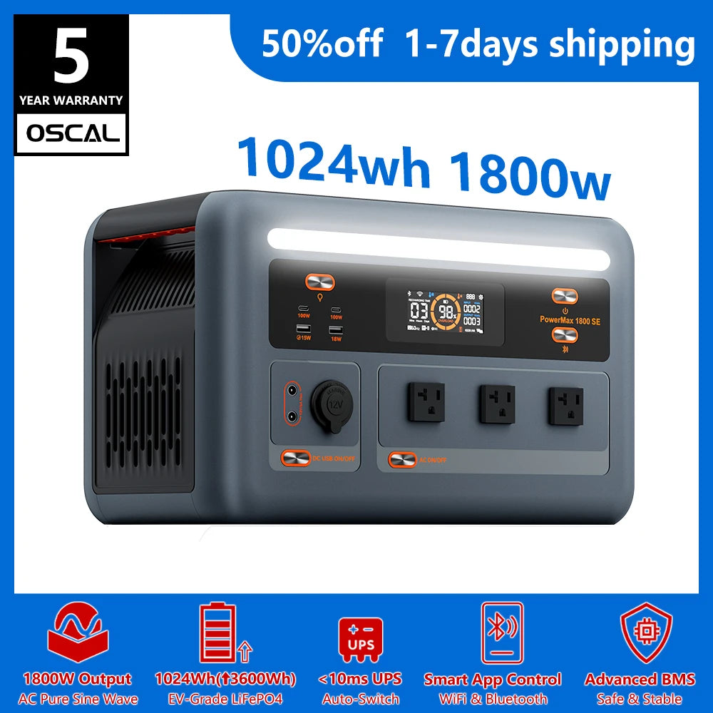 OSCAL PowerMax 1800SE Portable Power Station – 1800W, 1024Wh LiFePO4