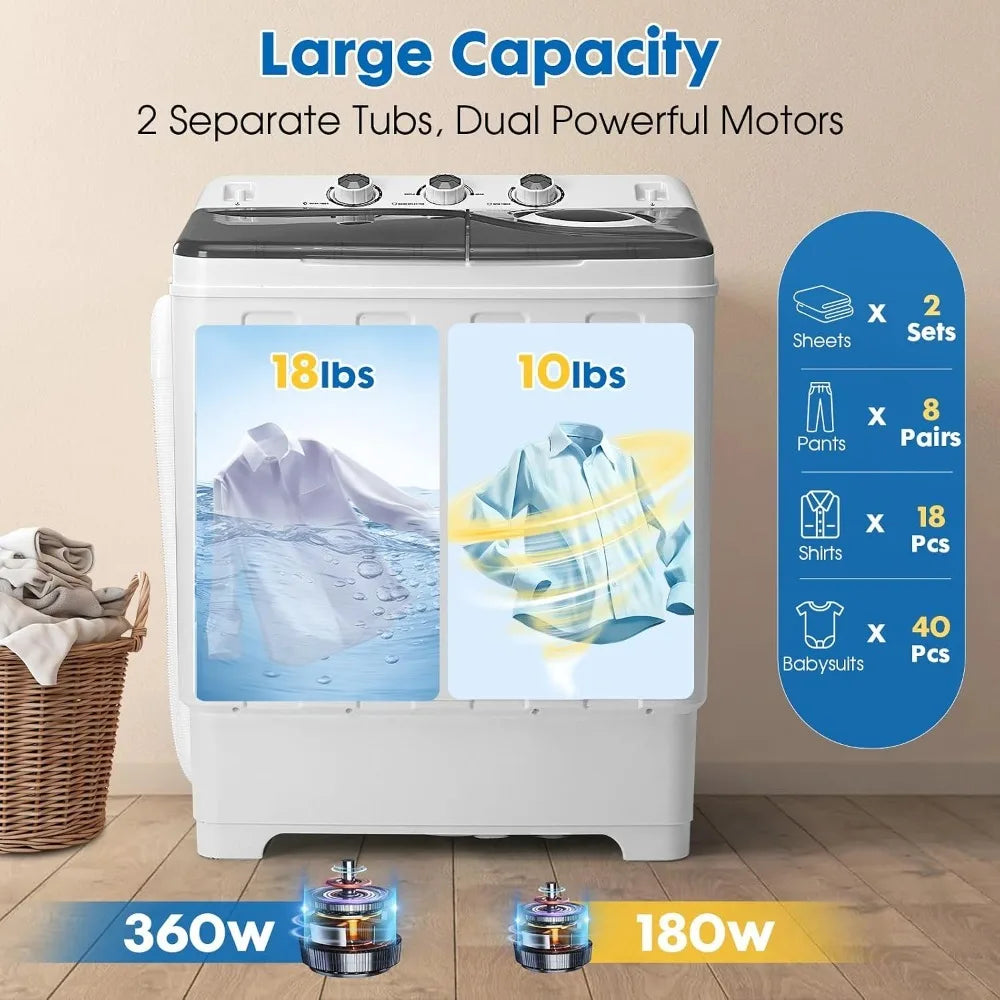 28 lb Portable Twin Tub Washing Machine with Spin Dryer & Drain Pump – Grey