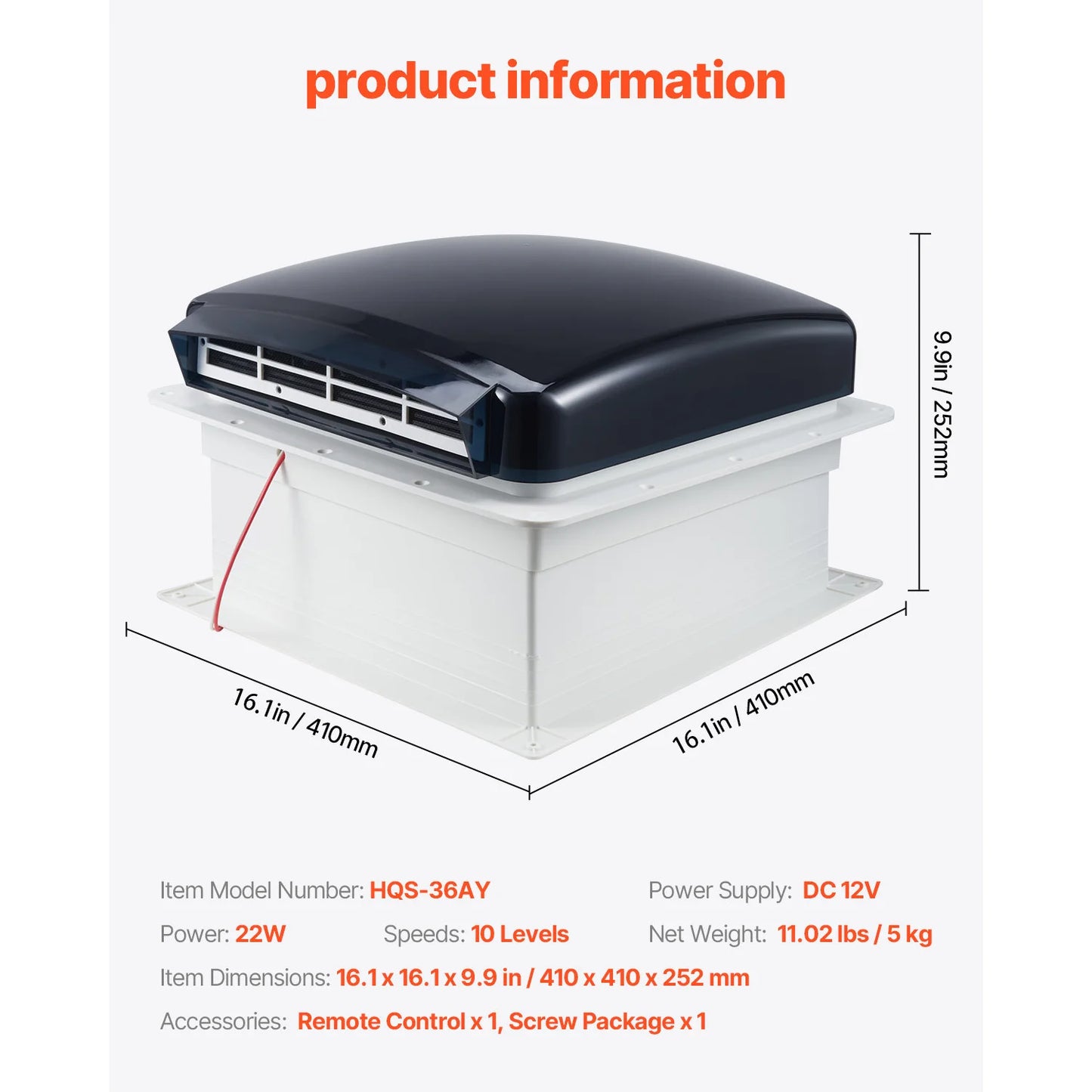 RV Roof Vent Fan 14 inch 12V 10-Speed Reversible Fan with Remote Control