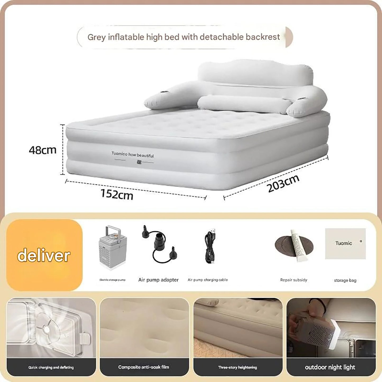 2 Person Built-In Pump Camping Mattress PVC Automatic Inflatable Indoor Outdoor