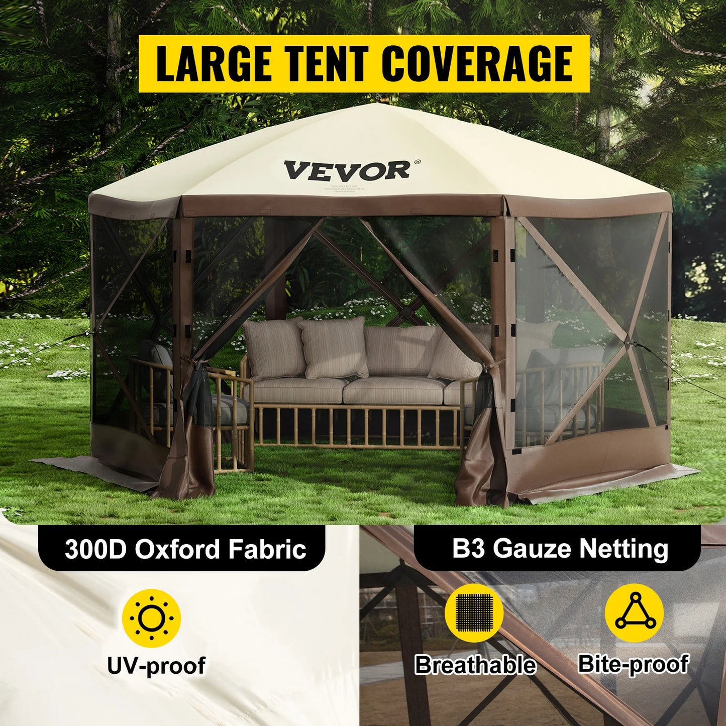 Pop-up Camping Gazebo Camping Canopy Shelter 6 Sided 12' x 12' / 10' x 10'