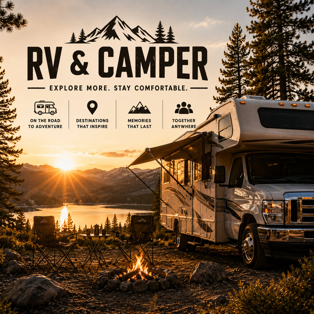 RV and camper at a scenic mountain campsite with campfire, lake, pine trees, and outdoor seating at sunset.