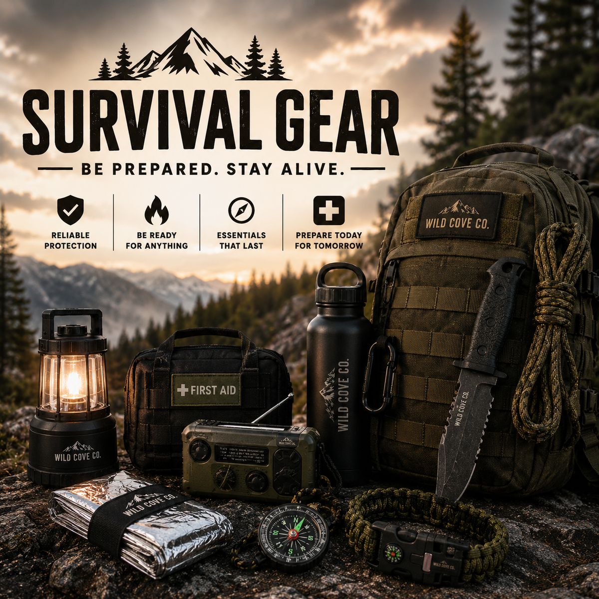 Survival gear including emergency backpack, first aid kit, lantern, radio, compass, water bottle, paracord, and outdoor essentials in a mountain setting.