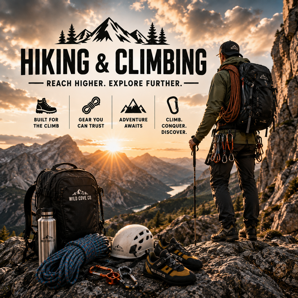 Hiker and climber overlooking a mountain landscape with backpack, climbing rope, helmet, carabiners, hiking gear, and outdoor equipment at sunset.