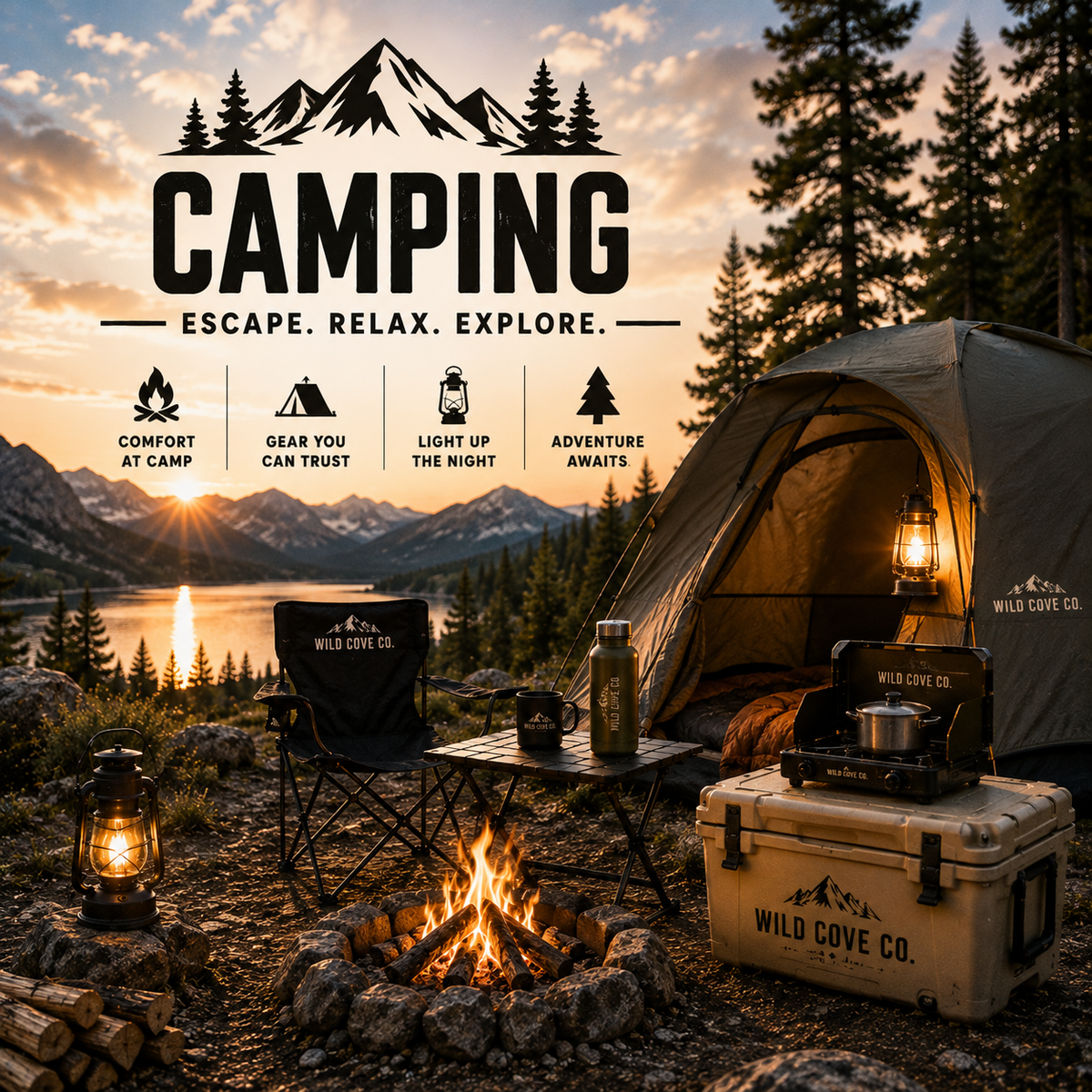 Camping setup with tent, campfire, lanterns, chairs, cooler, and outdoor gear overlooking a mountain lake at sunset.