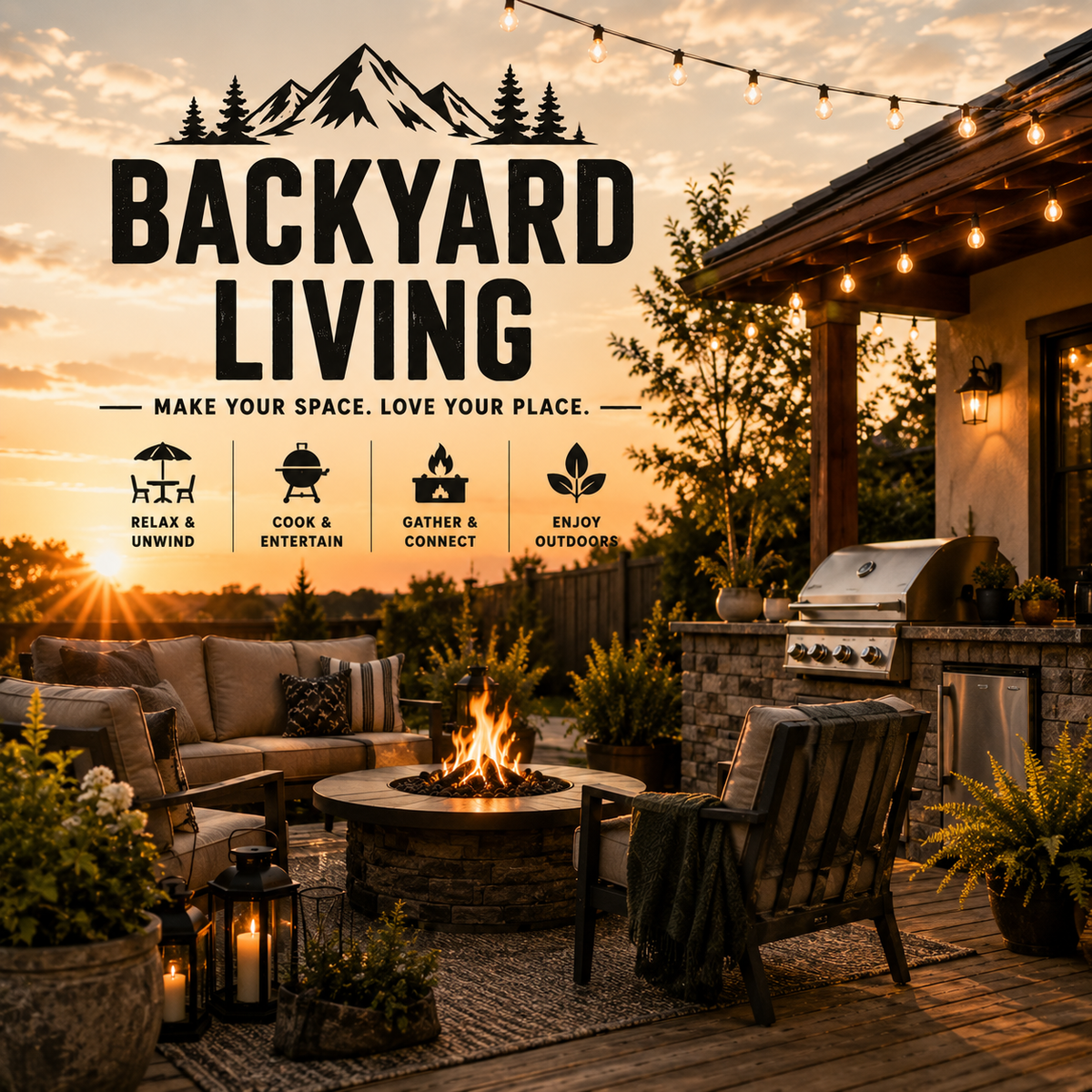 Cozy backyard living space with outdoor seating, fire pit, grill, string lights, and patio furniture at sunset.