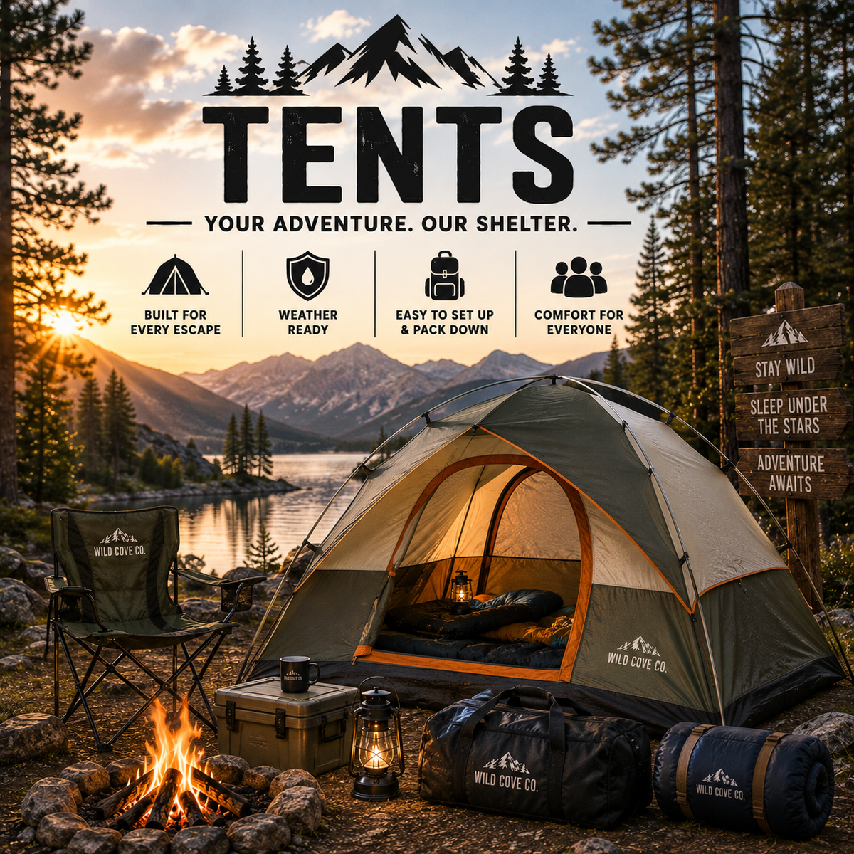 Camping tent beside a mountain lake with campfire, camping chair, lantern, sleeping gear, and outdoor equipment at sunset.
