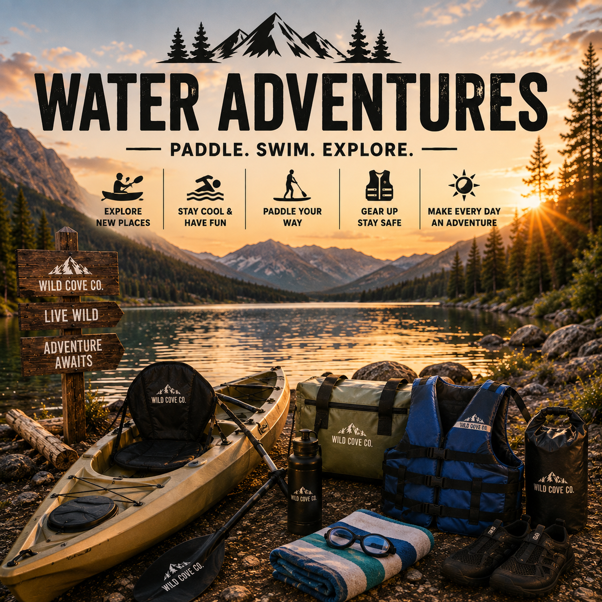 Kayak and water adventure gear beside a mountain lake with life jacket, paddle, dry bag, swimming gear, and outdoor accessories at sunset.