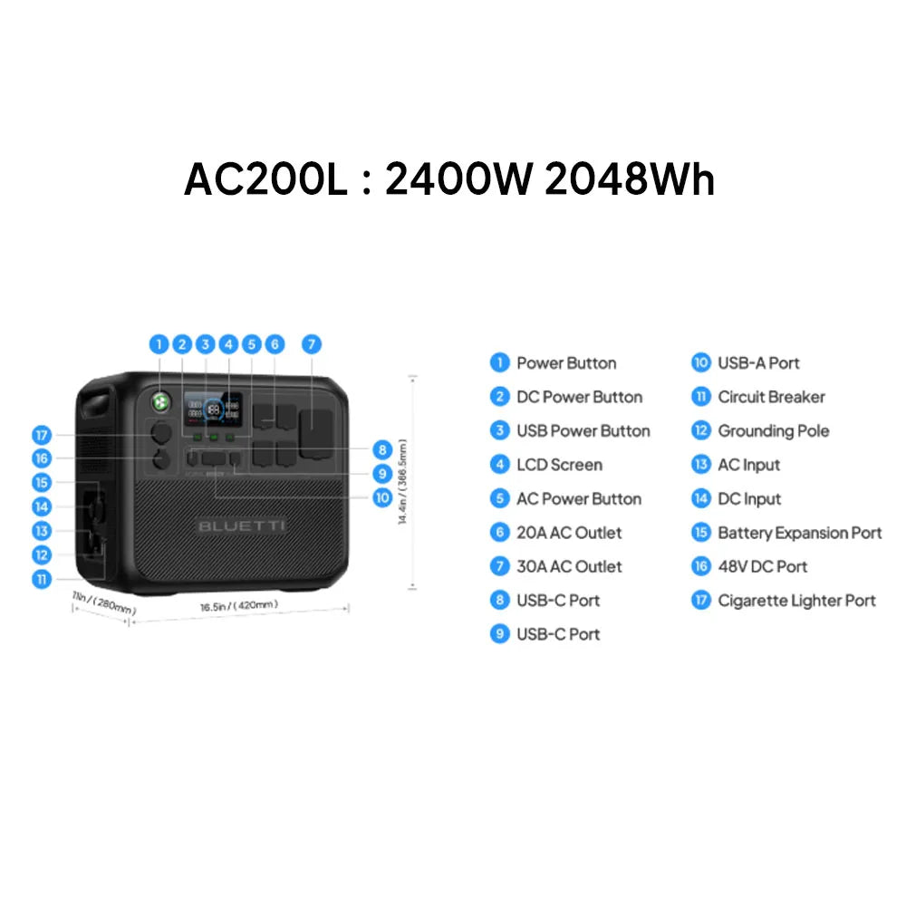 BLUETTI AC200L 2048Wh 2400W Portable Power Station Solar Generator High-Capacity