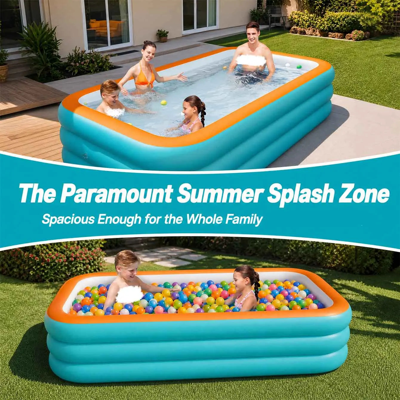 Large Inflatable Pool Set, 3 Layer PVC Rectangular Swimming Pool for Outdoor Garden Summer Use