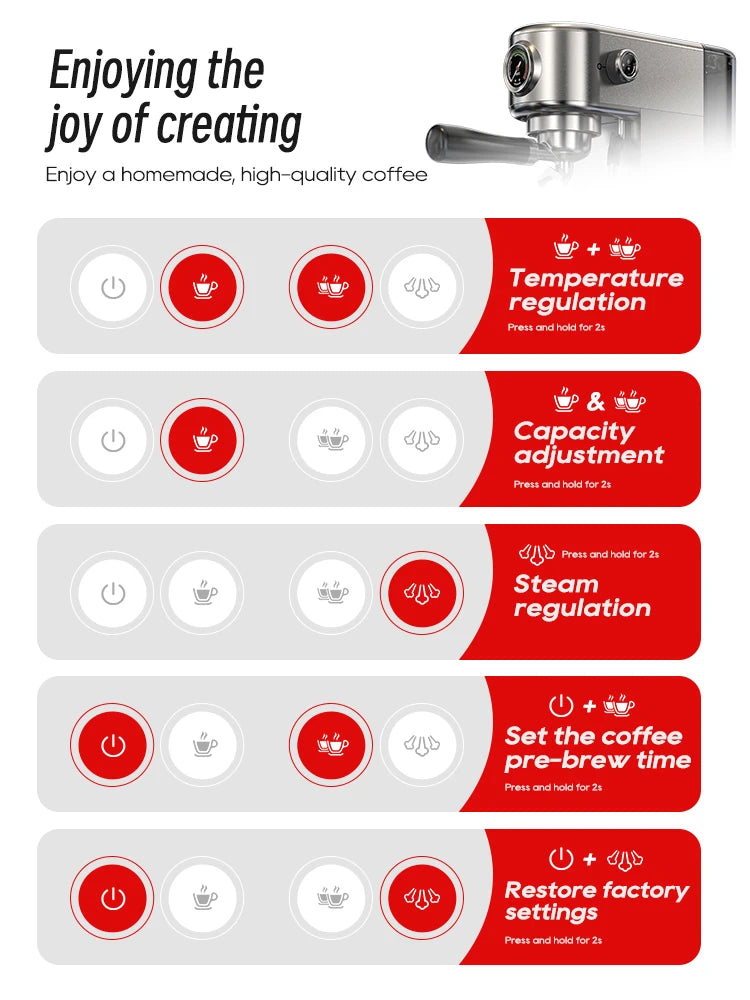 Semi Automatic Espresso Coffee Machine Temperature Adjustable Cold/Hot Super Slim Coffee Maker Cappuccino H10B