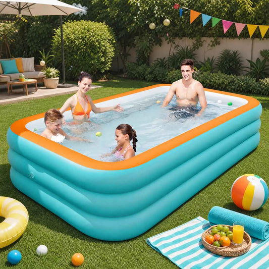 Large Inflatable Pool Set, 3 Layer PVC Rectangular Swimming Pool for Outdoor Garden Summer Use