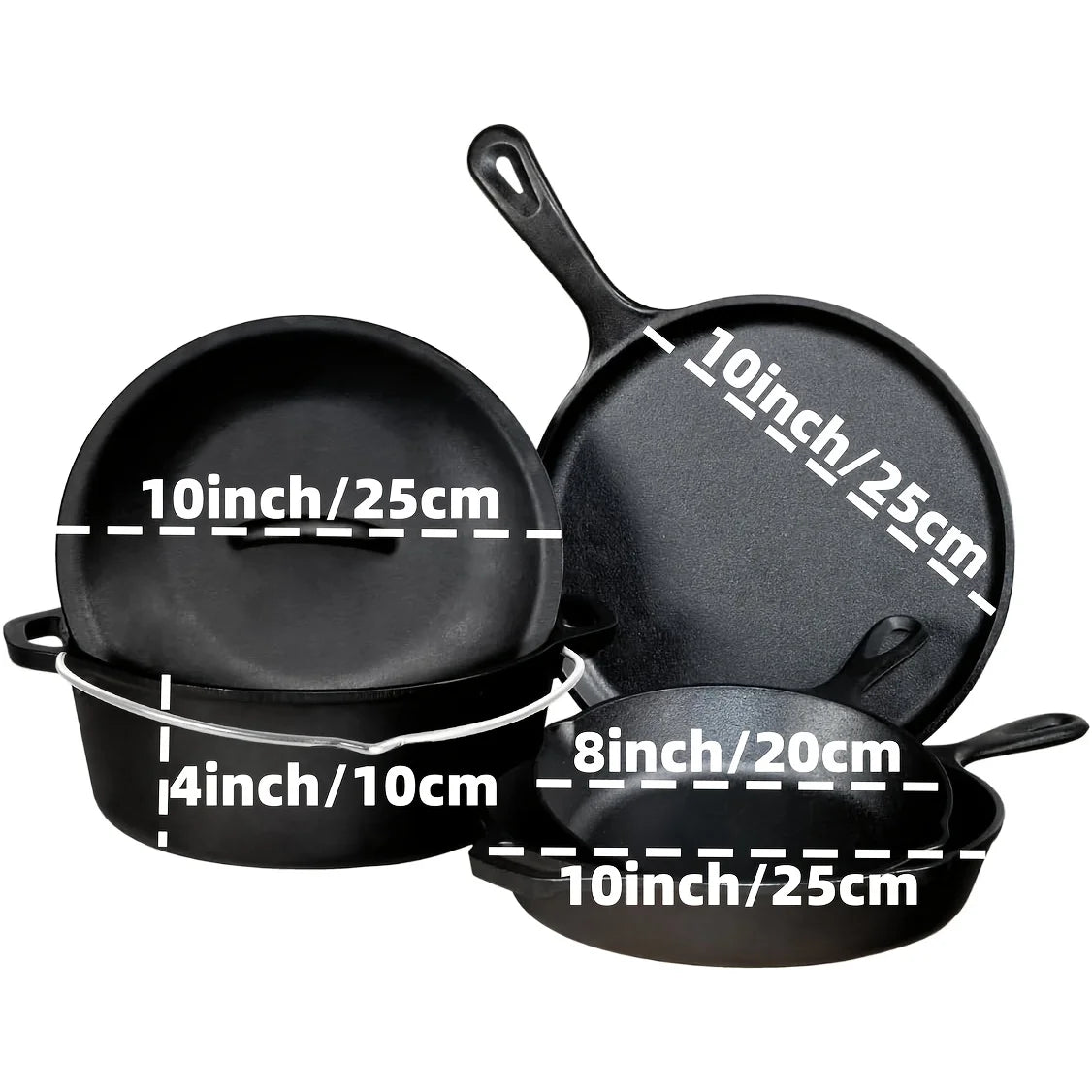 3-Piece Pre-Seasoned Cast Iron Skillet Set – 6", 8" & 10"