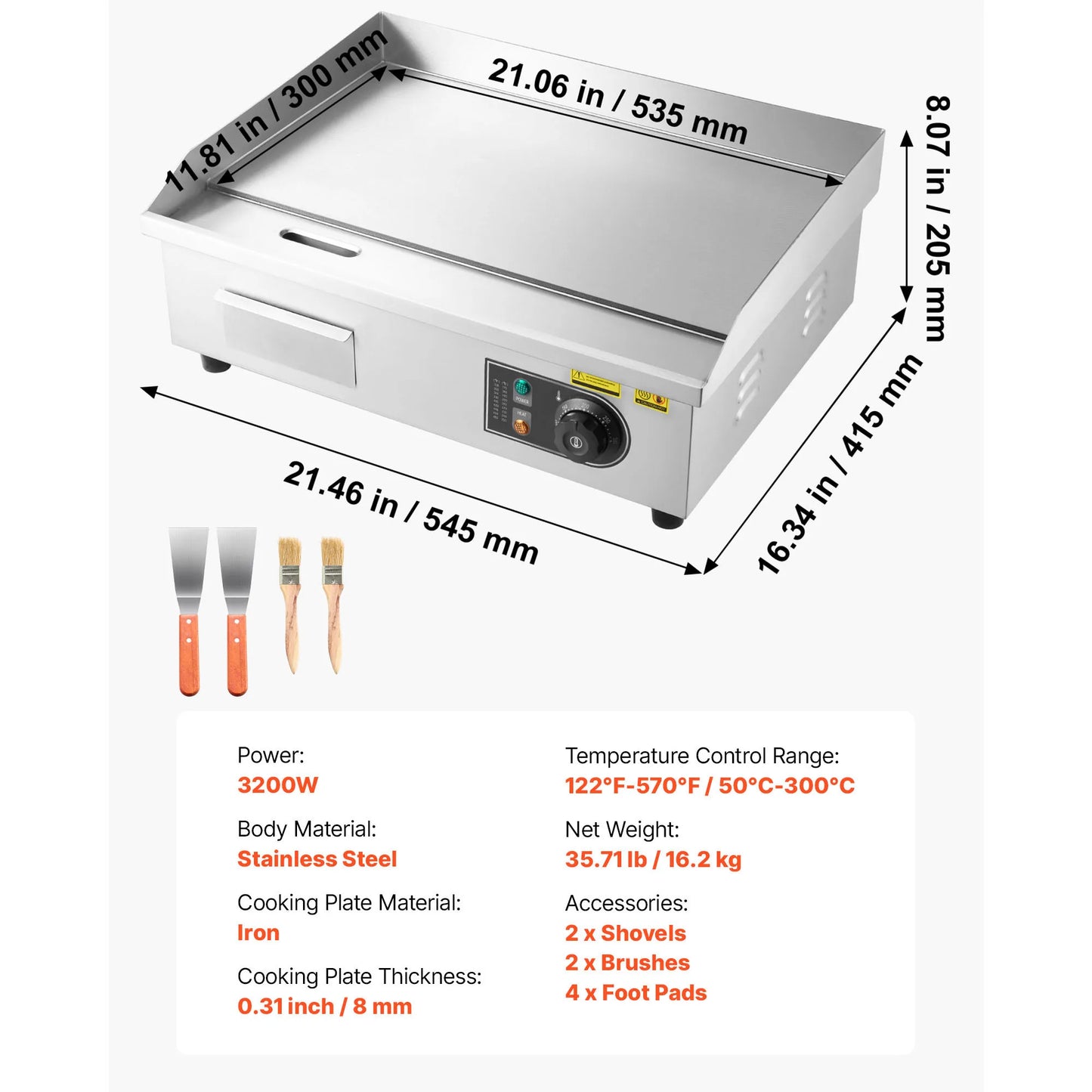 Stainless Steel Electric Griddle 50-300°C Adjustable Temp Control