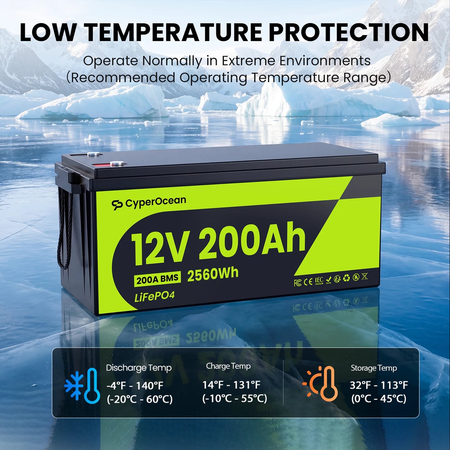 12V 200Ah LiFePO4 Battery 200A BMS 15000 Cycles Low-Temp Protection 2560Wh  Off-grid