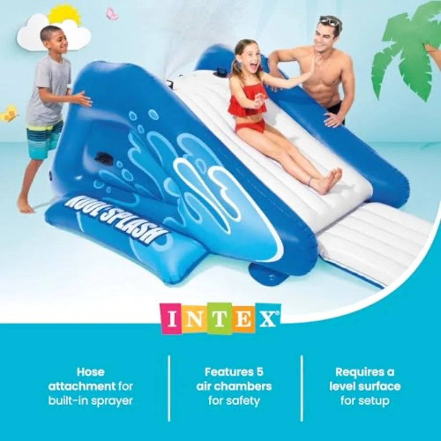 Inflatable water slide pool play center for outdoor use, PVC material, blue color, built-in sprayers for kids and adults aged 6