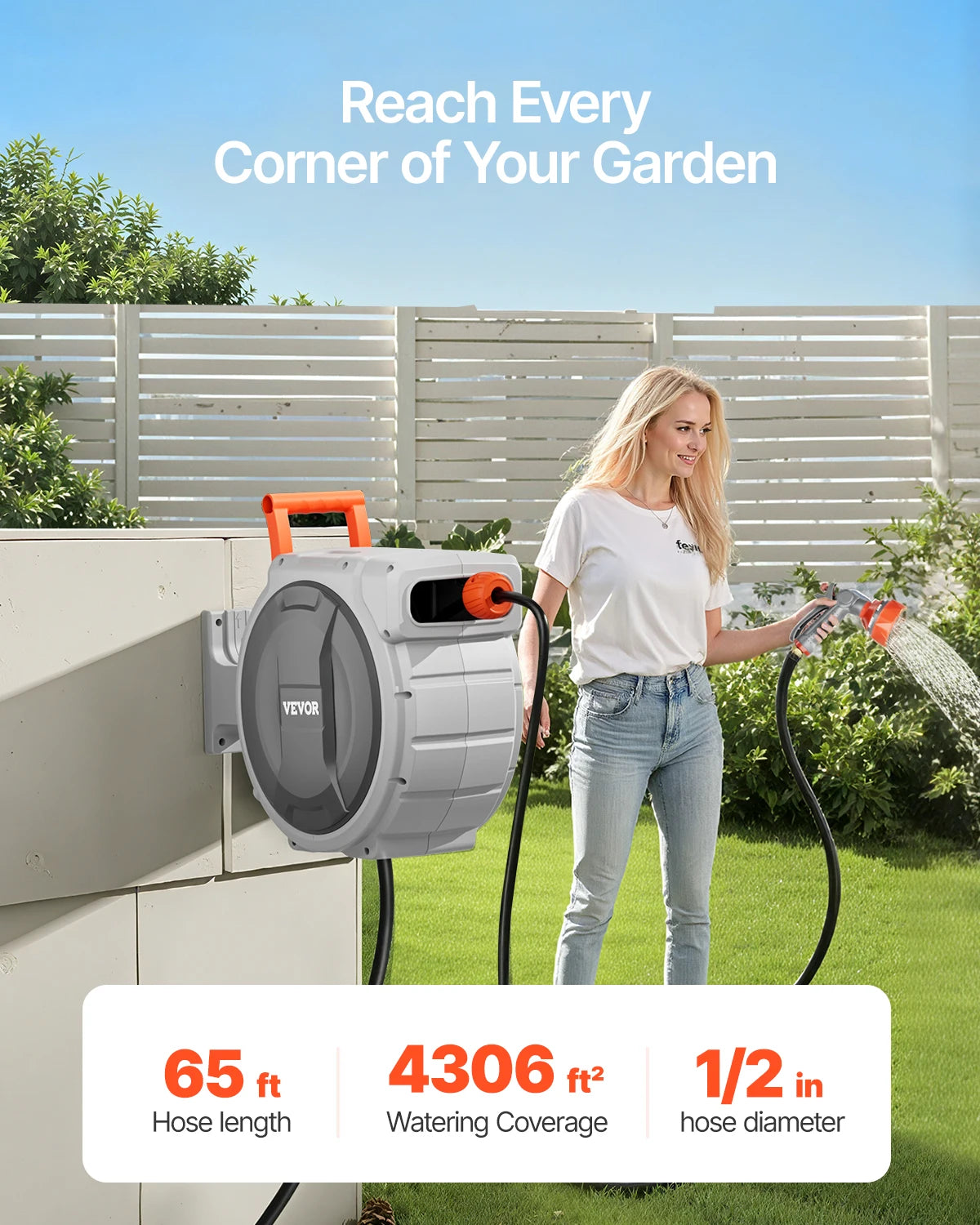Retractable Garden Hose Reel Wall Mounted Heavy Duty with 9 Patterns Nozzle Swivel Bracket