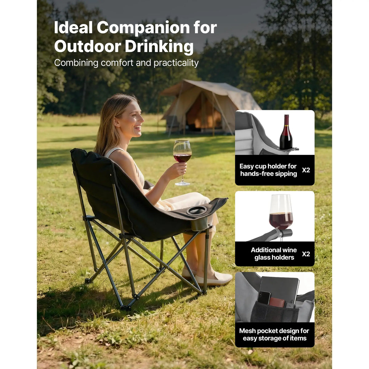 SucceBuy Oversized Padded Camping Chair with Cup & Wine Glass Holders
