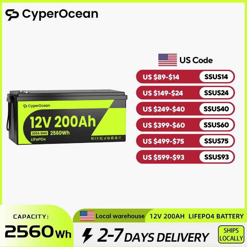 12V 200Ah LiFePO4 Battery 200A BMS 15000 Cycles Low-Temp Protection 2560Wh  Off-grid