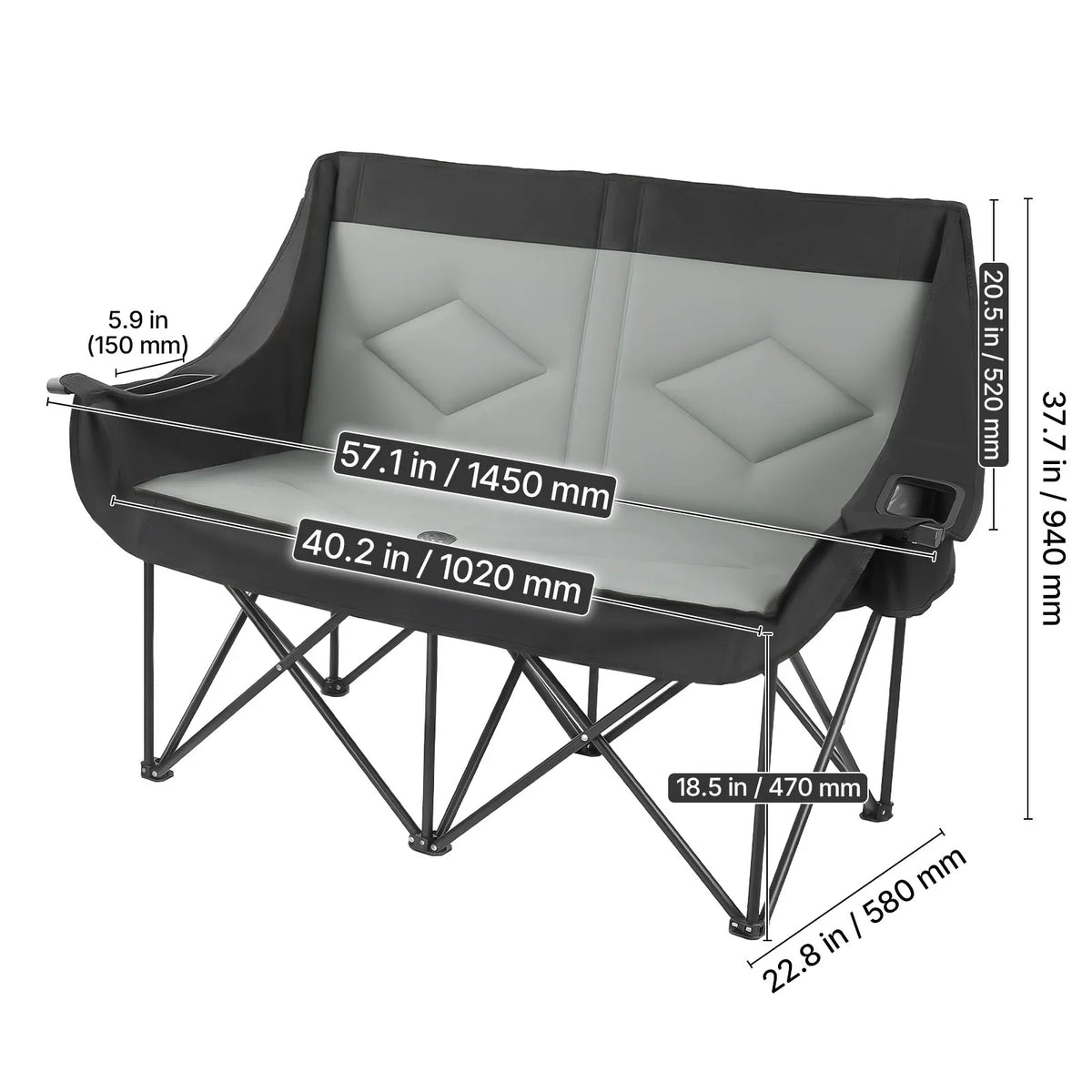 SucceBuy Double Camping Chair – 660 lb Padded Loveseat with Drink Holders
