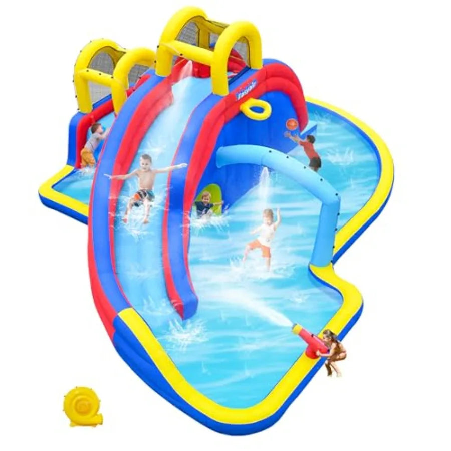 Inflatable Water Slide Bounce House with 650W Blower 2 Climbing Walls 2 Slides 2 Splash Pool Basketball Hoop Water Gun 216 x 19