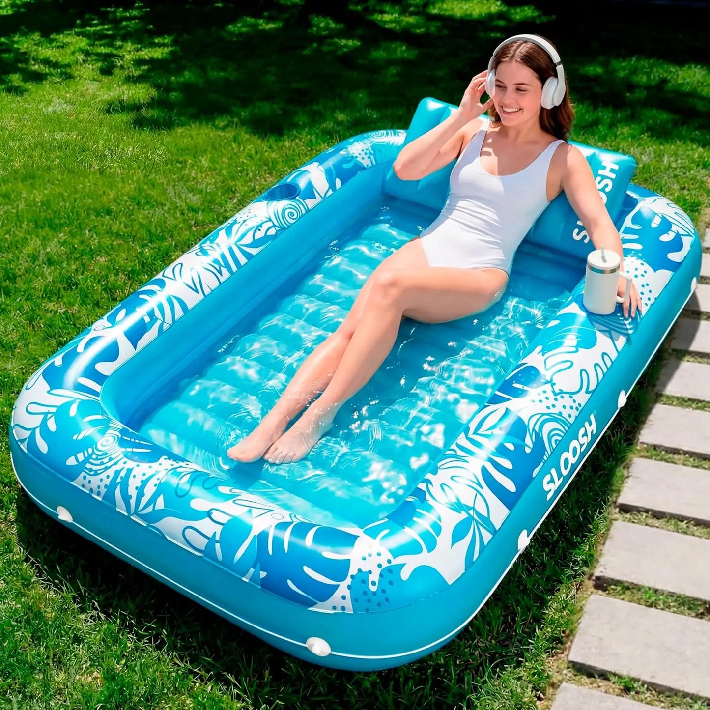 JOYFY 4 in 1 Suntan Tub Raft Floatie Inflatable Tanning Pool  70" x 46"