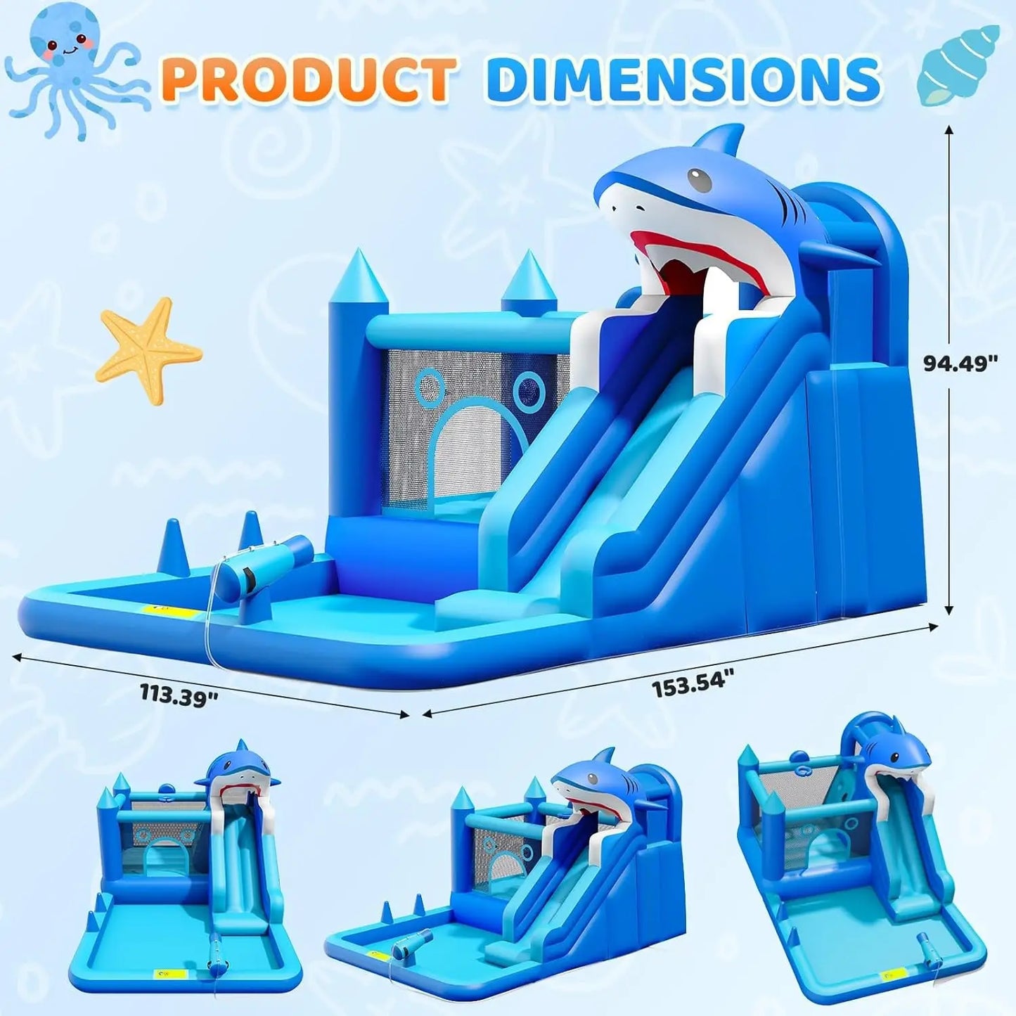 Inflatable Water Slide for Kids, 7-in-1 Bounce House with Splash Pool, Climbing Wall, Trampoline, Basketball Hoop & Water Cannons, Indoor Outdoor Bouncy Castle for Backyard Party, Blue