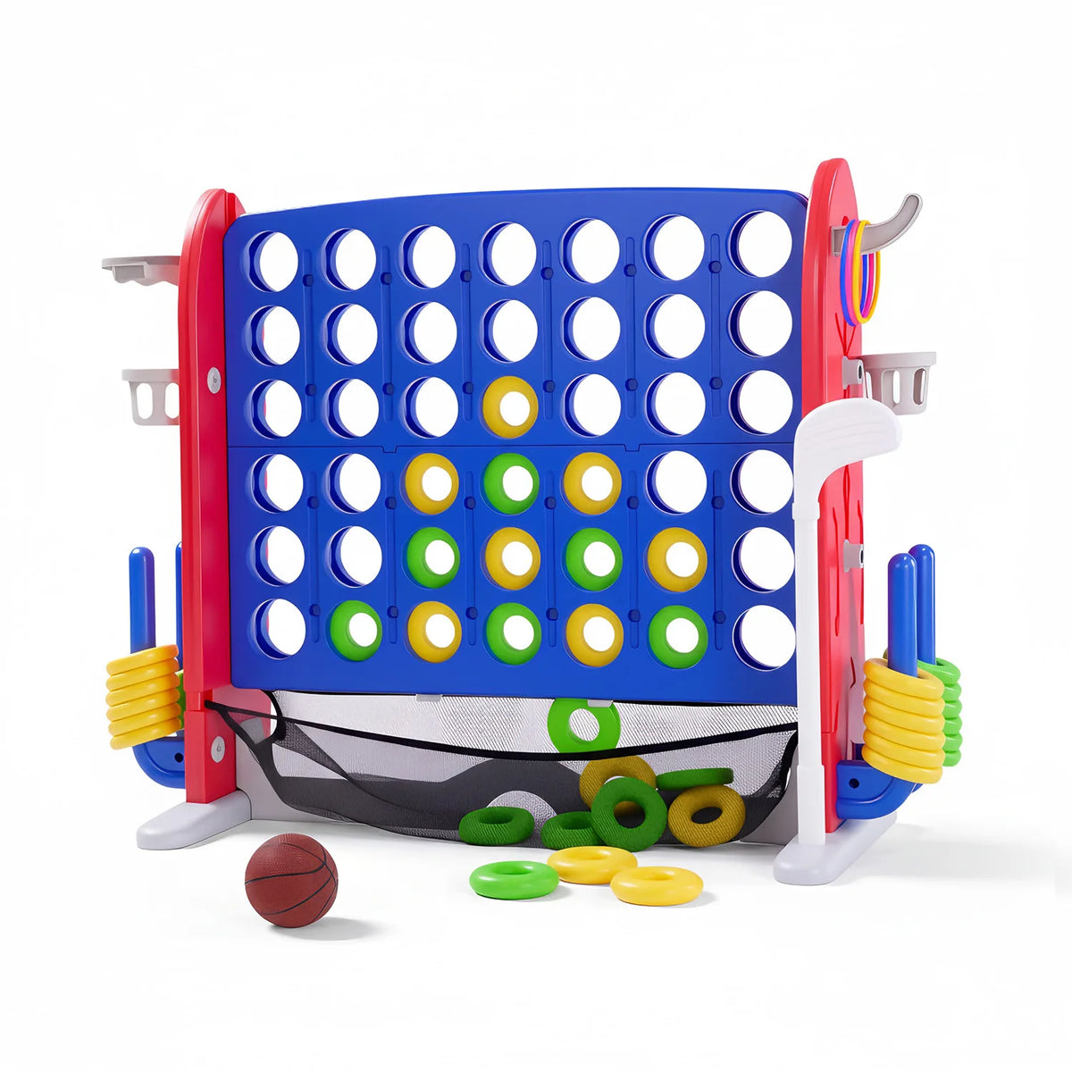 4-in-1 Giant Connect Four Yard Game Set with Basketball, Ring Toss & Net