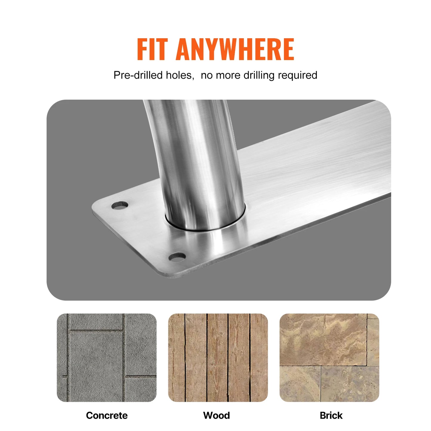 Pool Handrail Stainless Steel with Base Plate for Indoor/Outdoor w/ Grip Cover for Decks