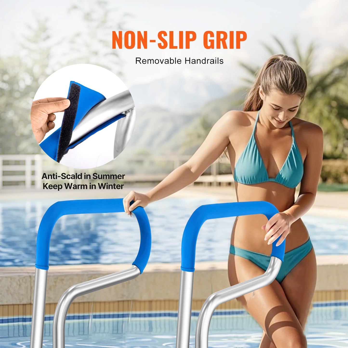 Pool Handrail Stainless Steel with Base Plate for Indoor/Outdoor w/ Grip Cover for Decks