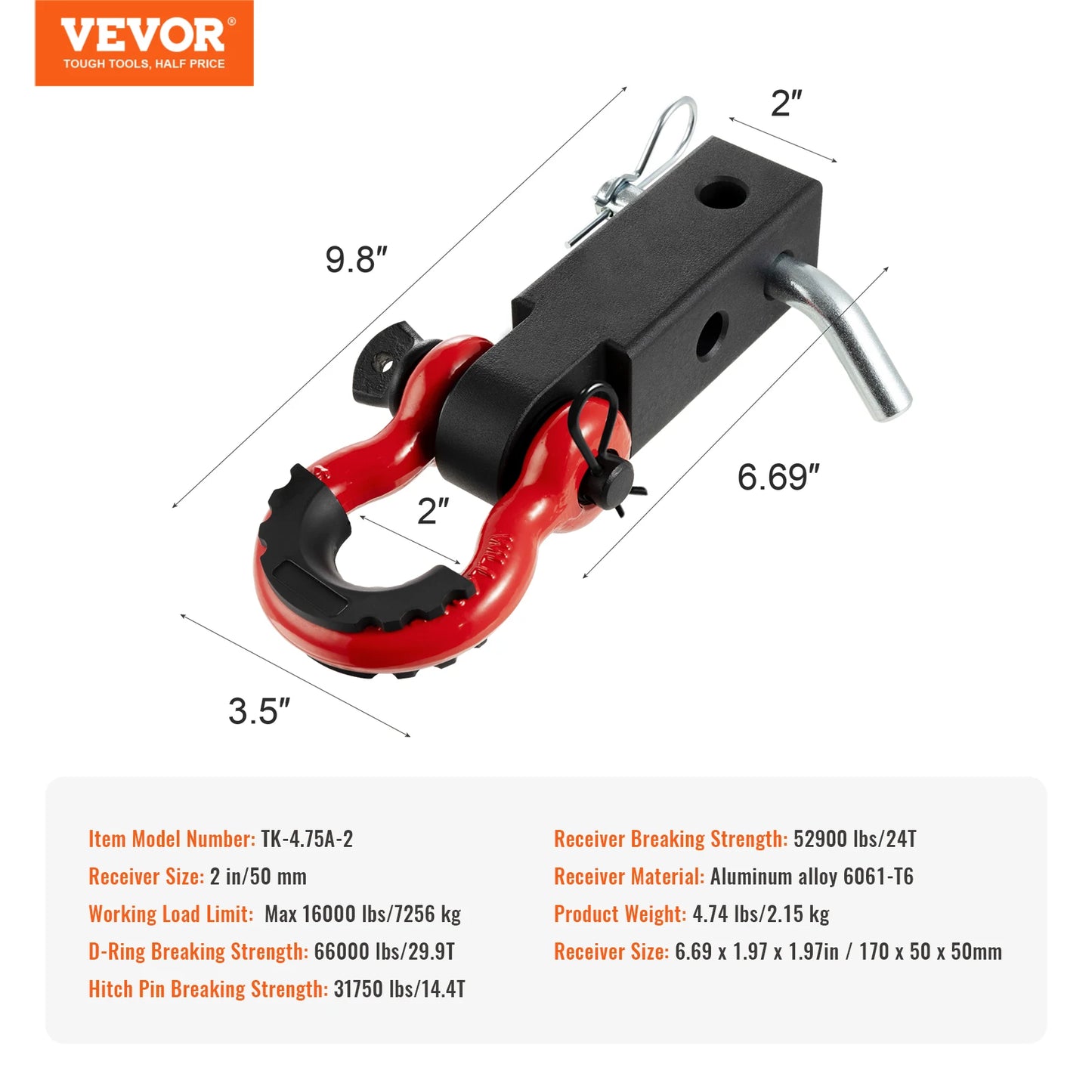 2in D-Ring Shackle Hitch Receiver with Trailer Hitch Lock Pin