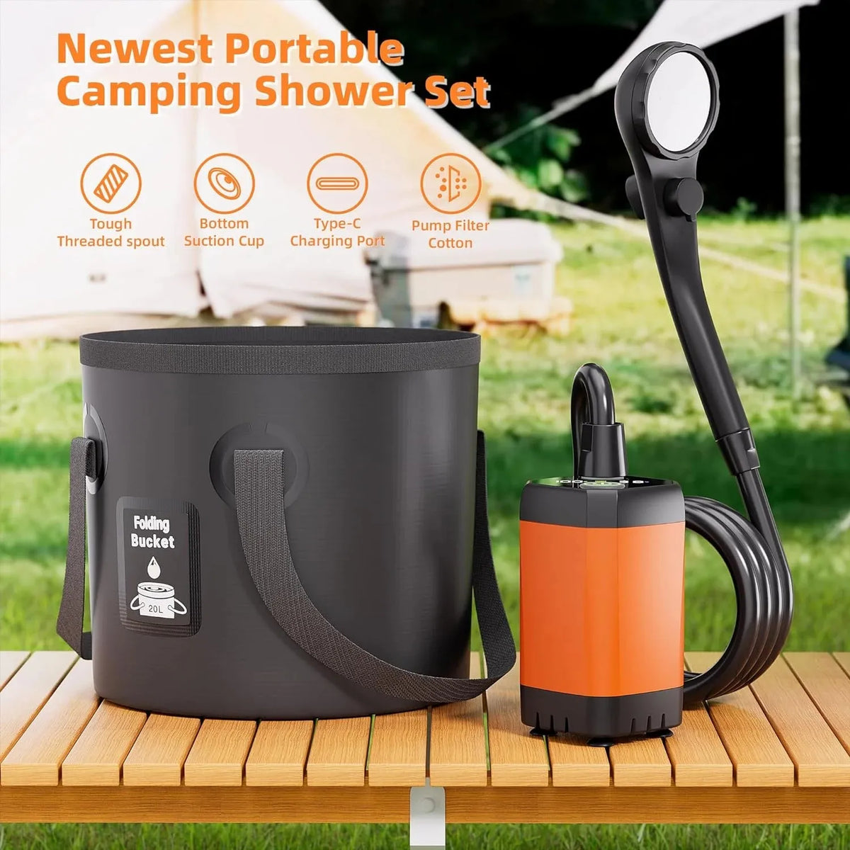 6000mAh Rechargeable Portable Camping Shower with 5-Gallon Bucket