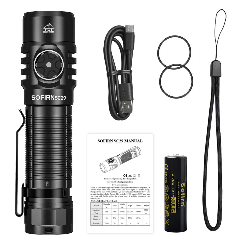 3000 Lumens EDC Flashlight Rechargeable  XHP50B LED Powerful  21700 Torch Light Lantern IPX8 for Camping Fishing