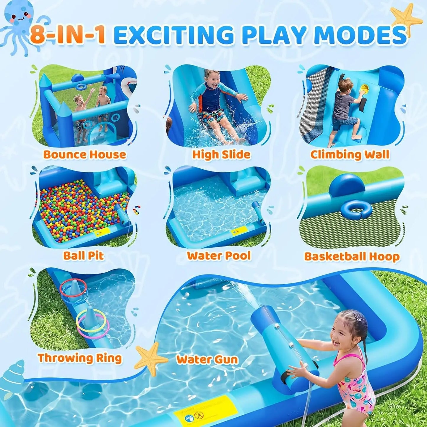 Inflatable Water Slide for Kids, 7-in-1 Bounce House with Splash Pool, Climbing Wall, Trampoline, Basketball Hoop & Water Cannons, Indoor Outdoor Bouncy Castle for Backyard Party, Blue