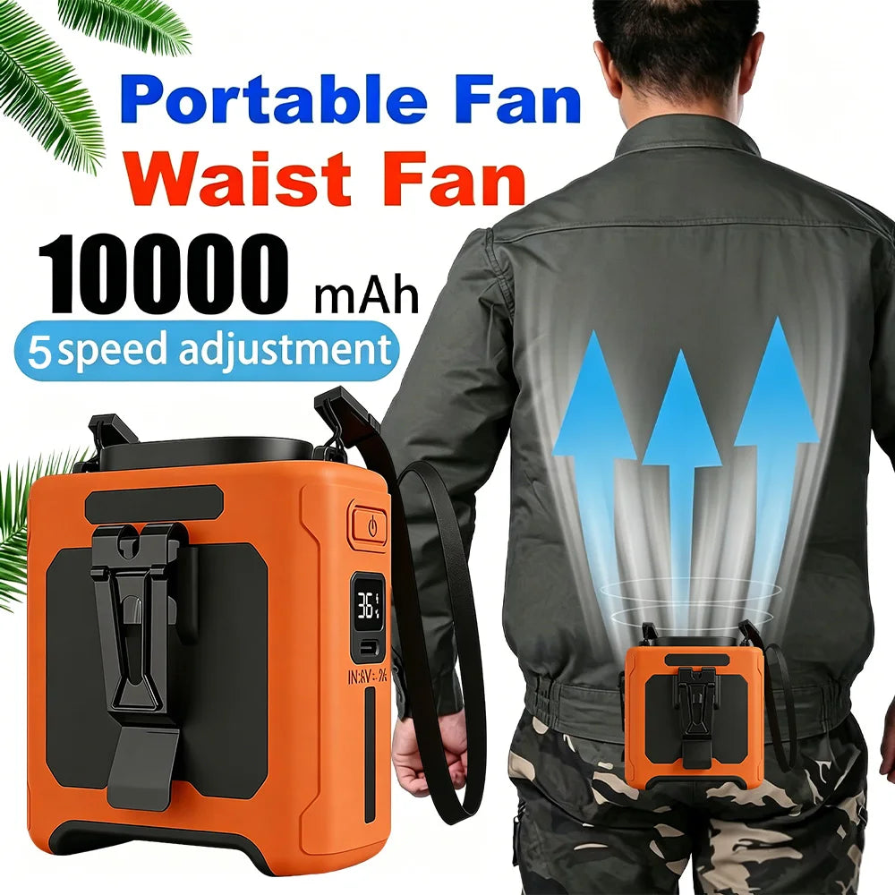 10000mAh Waist Fan Portable Handheld Hanging Neck Fan Ultra-Strong Wind with Phone Charging LED Light