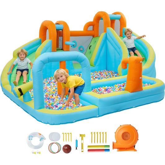 HiMiss 10-in-1 Inflatable Bounce House & Water Slide with 550W Blower