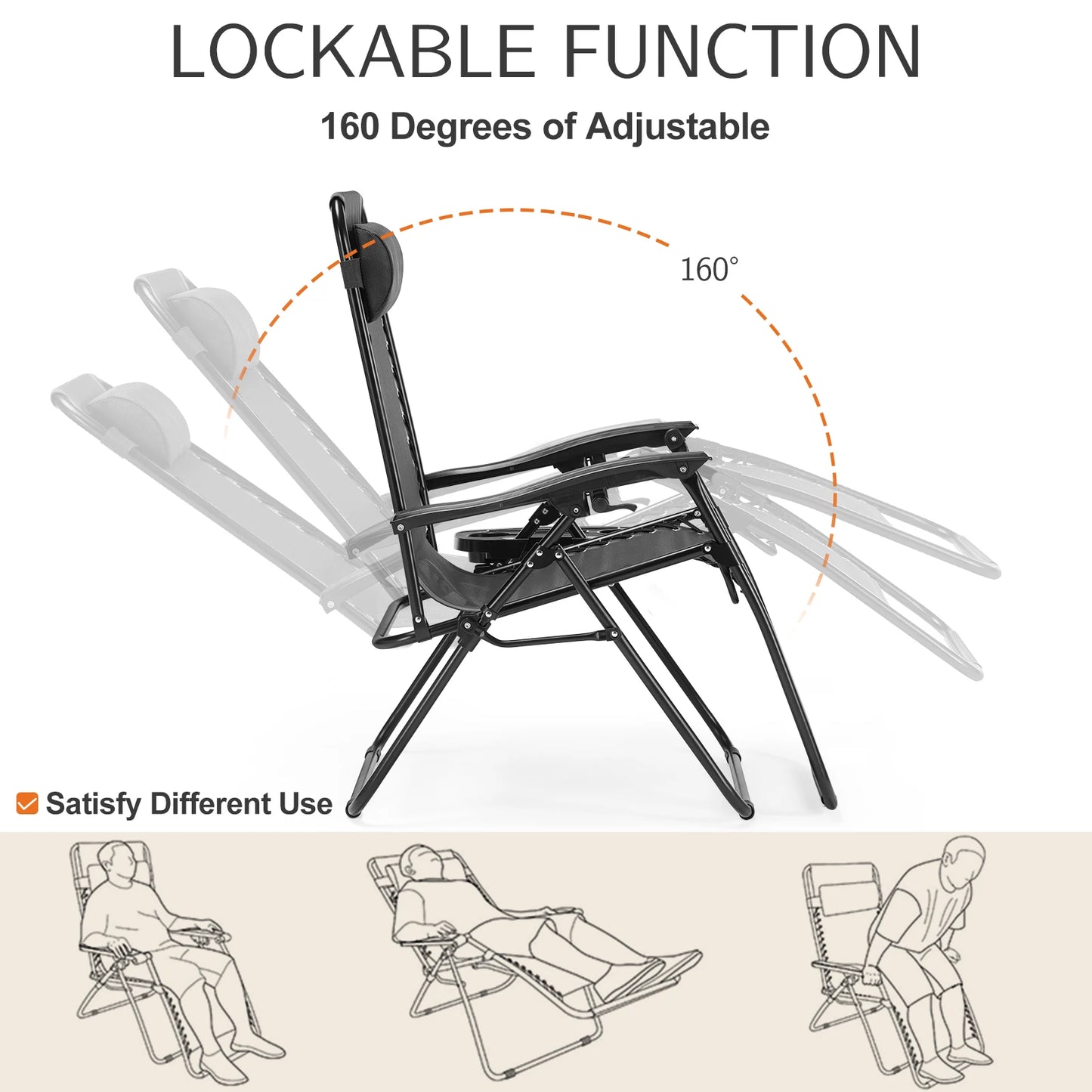 Zero Gravity Portable Recliner Camping Patio Outdoor Garden Lounge Chair with Cup Holder Trays